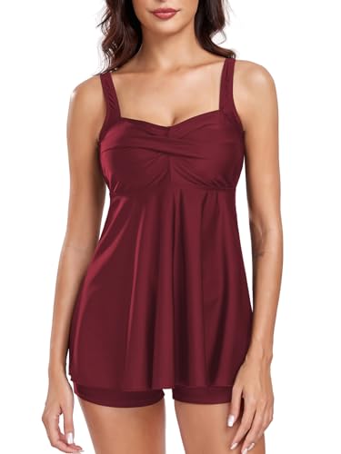 FLYILY Damen 2-Teilige Tankini Sets Vordere Drehung Tankini Top mit Boyshorts Tummy Control Bauchweg Bademode(WineRed,L) von FLYILY