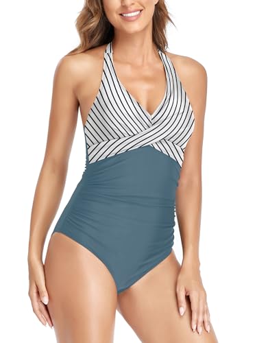 FLYILY Damen Badeanzug Bauchkontrolle Geraffter Badeanzug Neckholder V-Ausschnitt Gepolsterter Einteiler(BlueStripe,M) von FLYILY