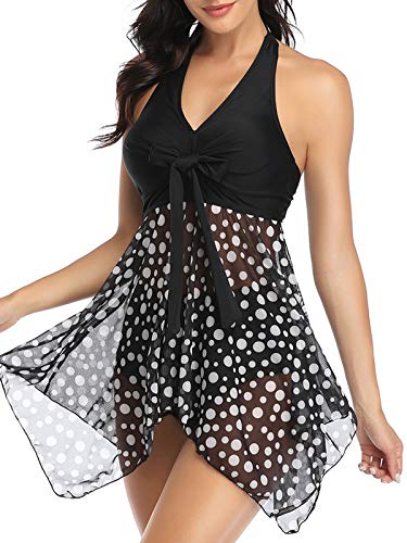 FLYILY Damen Badeanzug Mesh Neckholder Mit Slip Bademode Geteilter Badeanzug Unregelmäßiger Saum Tankini Sets(Black,L) von FLYILY