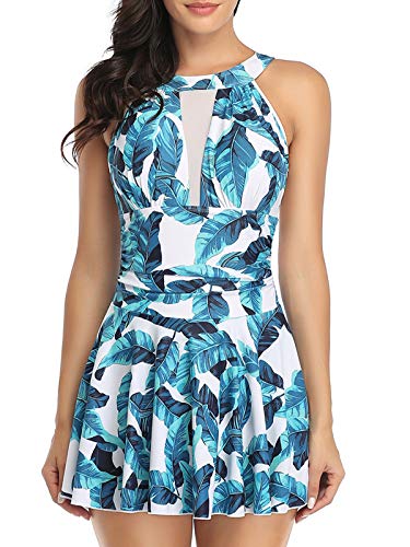 FLYILY Damen-Badeanzug mit hoher Taille Badeanzug mit Shorts Retro-Beachwear Neckholde Bademode(BlueLeaf,S) von FLYILY