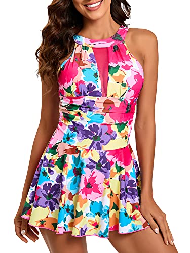 FLYILY Damen-Badeanzug mit hoher Taille Badeanzug mit Shorts Retro-Beachwear Neckholde Bademode(Colorful,XL) von FLYILY