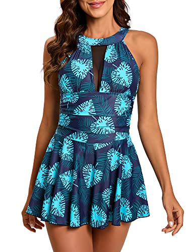 FLYILY Damen-Badeanzug mit hoher Taille Badeanzug mit Shorts Retro-Beachwear Neckholde Bademode(Greenleaf,M) von FLYILY