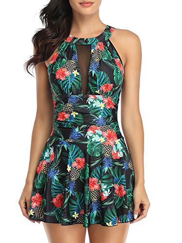 FLYILY Damen-Badeanzug mit hoher Taille Badeanzug mit Shorts Retro-Beachwear Neckholde Bademode(Pineapple,XL) von FLYILY