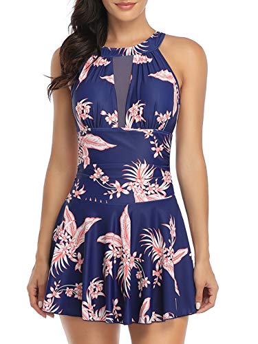 FLYILY Damen-Badeanzug mit hoher Taille Badeanzug mit Shorts Retro-Beachwear Neckholde Bademode(PinkFlower,XXL) von FLYILY