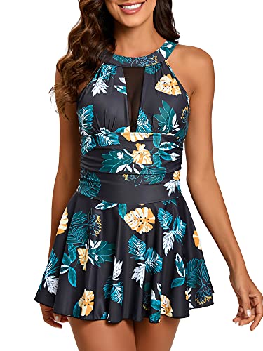 FLYILY Damen-Badeanzug mit hoher Taille Badeanzug mit Shorts Retro-Beachwear Neckholde Bademode(YellowLeaf,M) von FLYILY