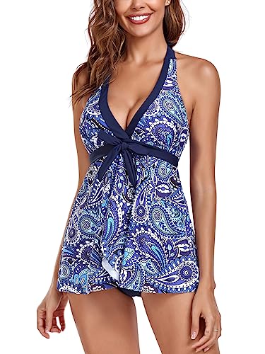 FLYILY Damen Badenanzug mit Slips Tankini Set Bauchweg Bademode Große Größen Zweiteiler Swimsuits(2-DarkBlue,L) von FLYILY