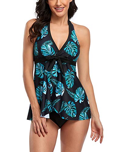 FLYILY Damen Badenanzug mit Slips Tankini Set Bauchweg Bademode Große Größen Zweiteiler Swimsuits(2-Greenleaf,L) von FLYILY