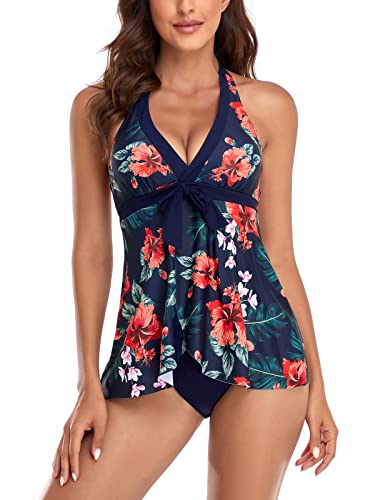 FLYILY Damen Badenanzug mit Slips Tankini Set Bauchweg Bademode Große Größen Zweiteiler Swimsuits(2-OrangeFlower,L) von FLYILY