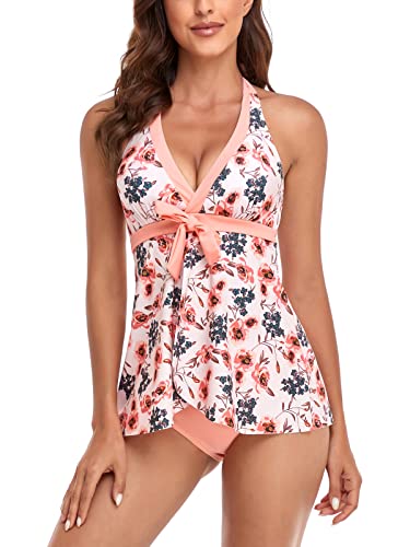 FLYILY Damen Badenanzug mit Slips Tankini Set Bauchweg Bademode Große Größen Zweiteiler Swimsuits(2-Pink,L) von FLYILY