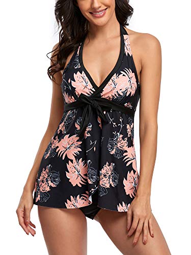 FLYILY Damen Badenanzug mit Slips Tankini Set Bauchweg Bademode Große Größen Zweiteiler Swimsuits(2-PinkFlower,L) von FLYILY