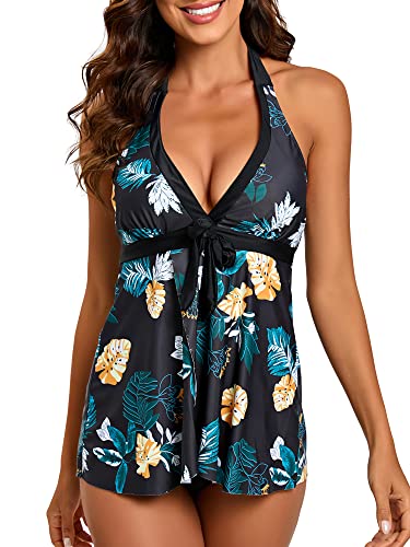 FLYILY Damen Badenanzug mit Slips Tankini Set Bauchweg Bademode Große Größen Zweiteiler Swimsuits(2-YellowLeaf,L) von FLYILY