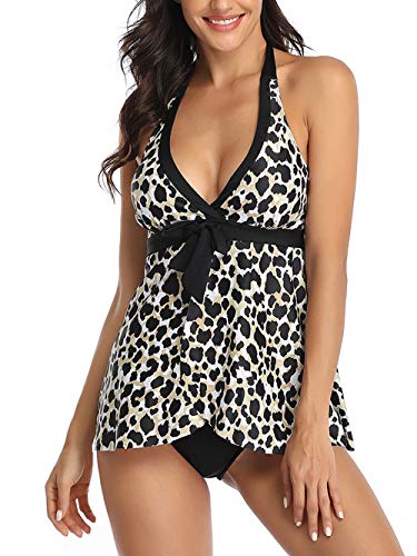 FLYILY Damen Badenanzug mit Slips Tankini Set Bauchweg Bademode Große Größen Zweiteiler Swimsuits,2-leopard,S von FLYILY