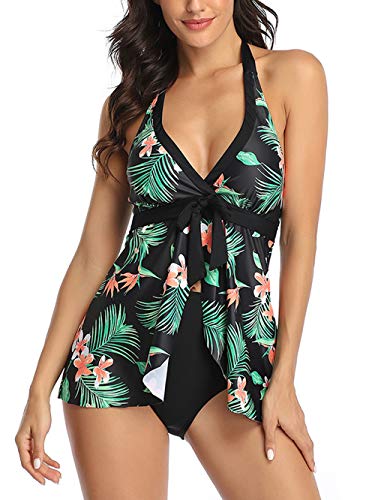 FLYILY Damen Badenanzug mit Slips Tankini Set Bauchweg Bademode Große Größen Zweiteiler Swimsuits,2-Schwarzblume,XL von FLYILY