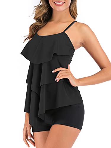 FLYILY Damen Bauchkontrolle Tankini Set Mit Adjustable Straps Soft Cup Rüschen Zweiteiliger Badeanzug High Taille Bademode(T-Black,M) von FLYILY