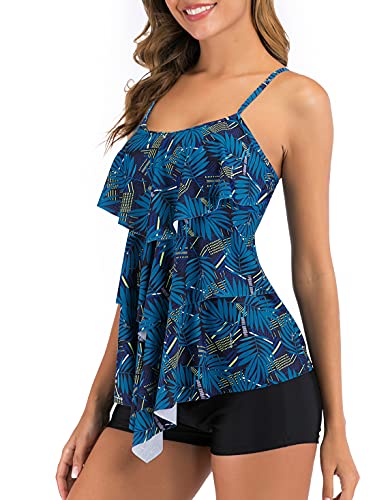 FLYILY Damen Bauchkontrolle Tankini Set Mit Adjustable Straps Soft Cup Rüschen Zweiteiliger Badeanzug High Taille Bademode(T-BlueLeaf,3XL) von FLYILY