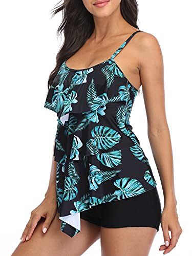 FLYILY Damen Bauchkontrolle Tankini Set Mit Adjustable Straps Soft Cup Rüschen Zweiteiliger Badeanzug High Taille Bademode(T-Greenleaf,XL) von FLYILY