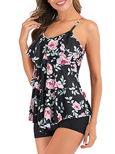 FLYILY Damen Bauchkontrolle Tankini Set Mit Adjustable Straps Soft Cup Rüschen Zweiteiliger Badeanzug High Taille Bademode(T-PinkFlower,L) von FLYILY