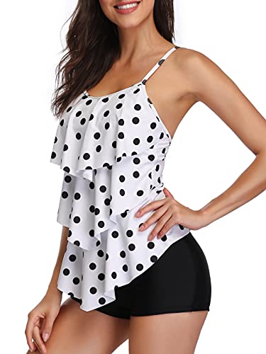 FLYILY Damen Bauchkontrolle Tankini Set Mit Adjustable Straps Soft Cup Rüschen Zweiteiliger Badeanzug High Taille Bademode(T-WhiteDot,L) von FLYILY