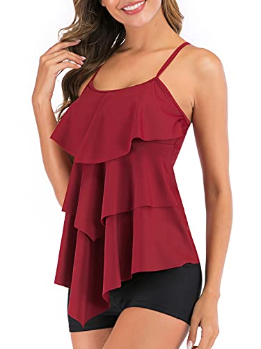 FLYILY Damen Bauchkontrolle Tankini Set Mit Adjustable Straps Soft Cup Rüschen Zweiteiliger Badeanzug High Taille Bademode(T-WineRed,XL) von FLYILY
