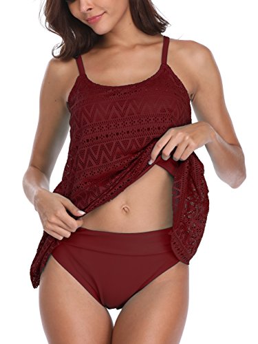 FLYILY Damen Streifen Tankini Sets Bikini Mesh Bademode Badeanzug Bademode(Red,3XL) von FLYILY