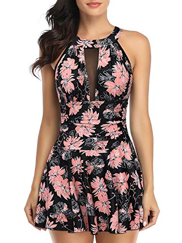 FLYILY Damen-Badeanzug mit hoher Taille Badeanzug mit Shorts Retro-Beachwear Neckholde Bademode(Flower,S) von FLYILY