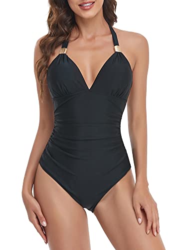 FLYILY Damen Einteiler Schlankheits Raffung High Neck Bademode Strandmode Badeanzug(1-Black,XL) von FLYILY