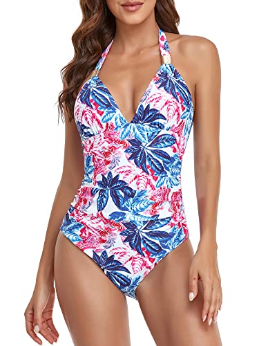 FLYILY Damen Einteiler Schlankheits Raffung High Neck Bademode Strandmode Badeanzug(1-PinkFlower,2XL) von FLYILY