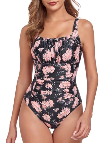 FLYILY Damen Einteilige Badeanzug Vintage Ruched Einteilige Bademode Swimsuit 1 Piece Badebekleidung Retro Ruched Bauchweg Badekleid(BlackFlower,XXL) von FLYILY