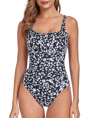 FLYILY Damen Einteilige Badeanzug Vintage Ruched Einteilige Bademode Swimsuit 1 Piece Badebekleidung Retro Ruched Bauchweg Badekleid(Blackwhite,M) von FLYILY
