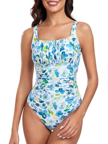 FLYILY Damen Einteilige Badeanzug Vintage Ruched Einteilige Bademode Swimsuit 1 Piece Badebekleidung Retro Ruched Bauchweg Badekleid(BlueFlower,M) von FLYILY