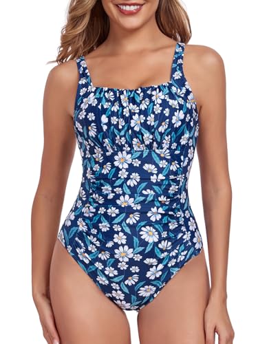 FLYILY Damen Einteilige Badeanzug Vintage Ruched Einteilige Bademode Swimsuit 1 Piece Badebekleidung Retro Ruched Bauchweg Badekleid(NavyFlower,XL) von FLYILY