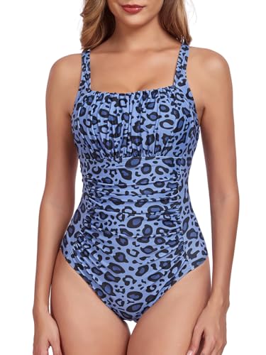 FLYILY Damen Einteilige Badeanzug Vintage Ruched Einteilige Bademode Swimsuit 1 Piece Badebekleidung Retro Ruched Bauchweg Badekleid(NavyLeopard,XXL) von FLYILY