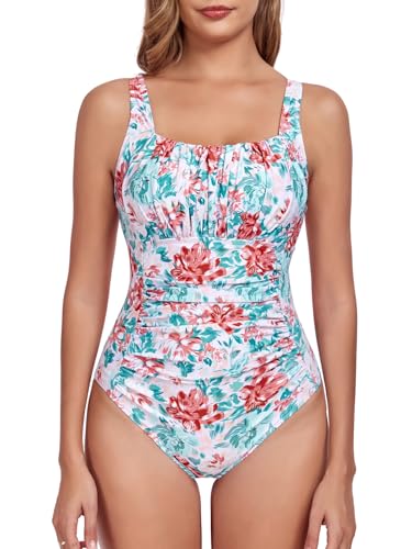 FLYILY Damen Einteilige Badeanzug Vintage Ruched Einteilige Bademode Swimsuit 1 Piece Badebekleidung Retro Ruched Bauchweg Badekleid(OrangeFlower,XXL) von FLYILY
