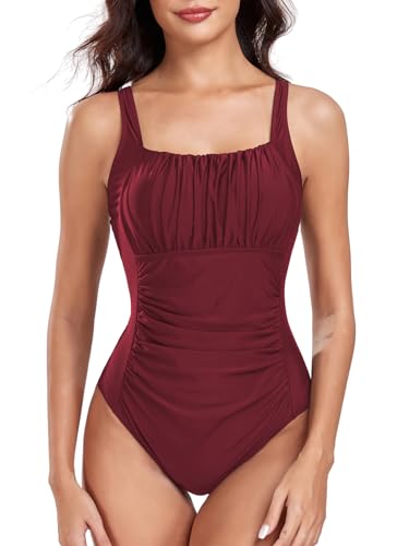 FLYILY Damen Einteilige Badeanzug Vintage Ruched Einteilige Bademode Swimsuit 1 Piece Badebekleidung Retro Ruched Bauchweg Badekleid(WineRed,XXL) von FLYILY