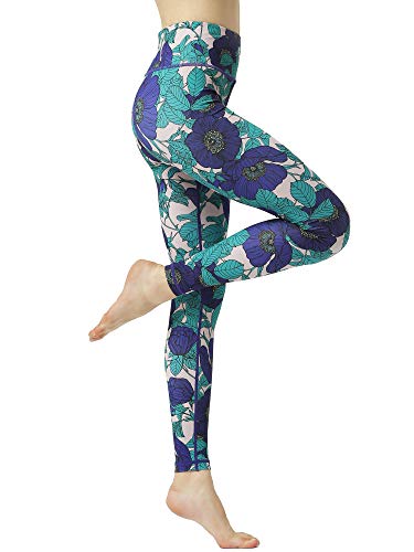 FLYILY Damen Hohe Taille Leggings Training Tights Yoga Hosen Blickdichte Frauen Laufhose(3-NavyFlower,XL) von FLYILY