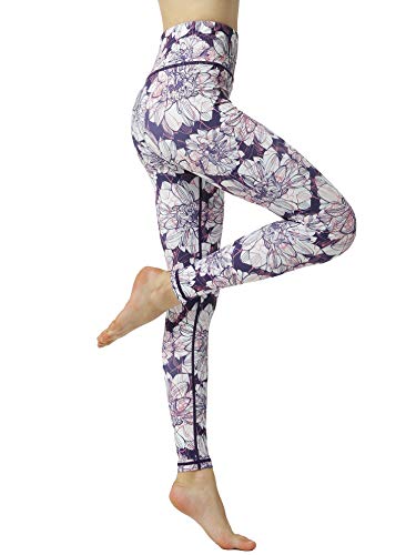 FLYILY Damen Hohe Taille Leggings Training Tights Yoga Hosen Blickdichte Frauen Laufhose(3-PurpleFlower,L) von FLYILY