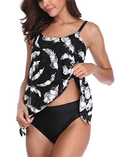 FLYILY Damen Streifen Tankini Sets Bikini Mesh Bademode Badeanzug Bademode(Feather,2XL) von FLYILY