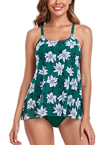 FLYILY Damen Mesh Badeanzug Zweiteilig Badeanzüge Elegantes Sportlich Tankini Set Bikini Bademode Plus Size(Green,2XL) von FLYILY