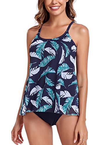FLYILY Damen Mesh Badeanzug Zweiteilig Badeanzüge Elegantes Sportlich Tankini Set Bikini Bademode Plus Size(NavyLeaf,L) von FLYILY