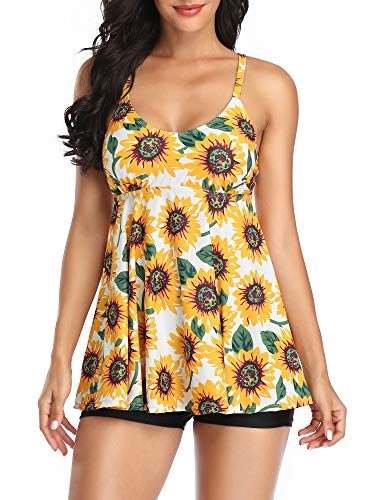 FLYILY Damen Mesh Badeanzug Zweiteilig Badeanzüge Elegantes Sportlich Tankini Set Bikini Bademode Plus Size(Z-Sunflower,L) von FLYILY