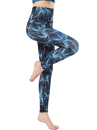 FLYILY Damen Yoga Leggins Frauen High Waist Prägedruck Slim Fit Fitnesshose Lange Sportleggins Stretchhose(7-BlueLeaf,XL) von FLYILY