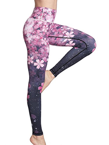 FLYILY Damen Sport Leggings Printed Fitness Tights Hosen für Laufen Yoga Workout(2-Cherry,L) von FLYILY