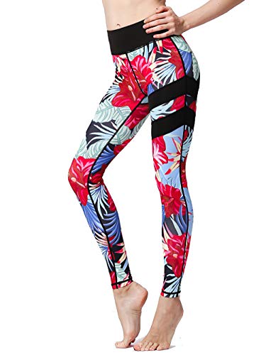 FLYILY Damen Yoga Leggins Frauen High Waist Prägedruck Slim Fit Fitnesshose Lange Sportleggins Stretchhose(4-RedFlower,L) von FLYILY