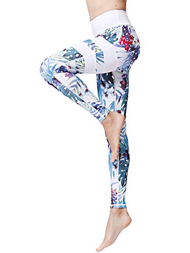 FLYILY Damen Yoga Leggins Frauen High Waist Prägedruck Slim Fit Fitnesshose Lange Sportleggins Stretchhose(WhiteLeaf,L) von FLYILY