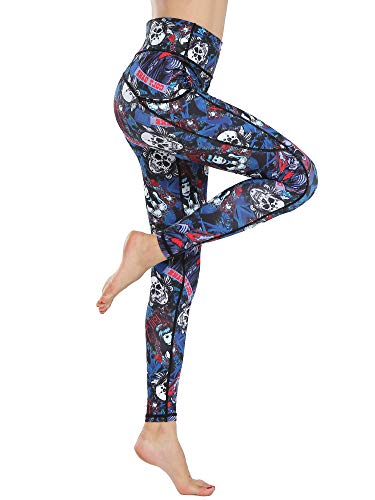 FLYILY Damen Yoga Leggins Frauen High Waist Prägedruck Slim Fit Fitnesshose Lange Sportleggins Stretchhose(5-GirlSkull,S) von FLYILY