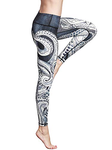 FLYILY Damen Yoga Leggins Frauen High Waist Prägedruck Slim Fit Fitnesshose Lange Sportleggins Stretchhose(6-Octopus,L) von FLYILY