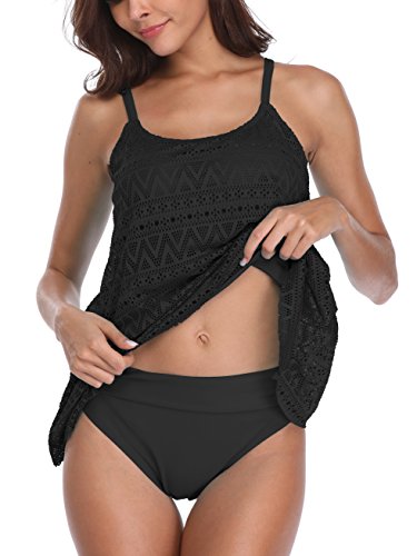 FLYILY Damen Streifen Tankini Sets Bikini Mesh Bademode Badeanzug Bademode(Black,M) von FLYILY