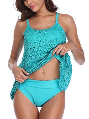 FLYILY Damen Streifen Tankini Sets Bikini Mesh Bademode Badeanzug Bademode(Lakeblue,M) von FLYILY