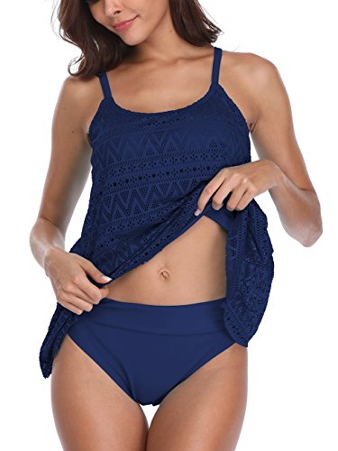 FLYILY Damen Streifen Tankini Sets Bikini Mesh Bademode Badeanzug Bademode(DarkBlue,L) von FLYILY