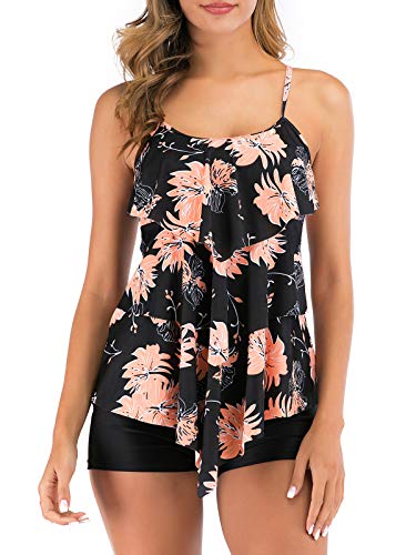 FLYILY Damen Zwei Stücke Tankini Rüschen Volant Geschichtet Bademode mit Boy Legs Shorts Rüschen Große Größen Bademode Badeanzug(BlackFlower,L) von FLYILY